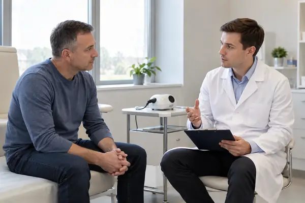 врач разговаривает с пациентом о кодировании лазером